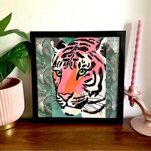 Vibrant Tiger Art Canvas Print Black Framed Palm Leaf Pink Green Wall Art 13x13”